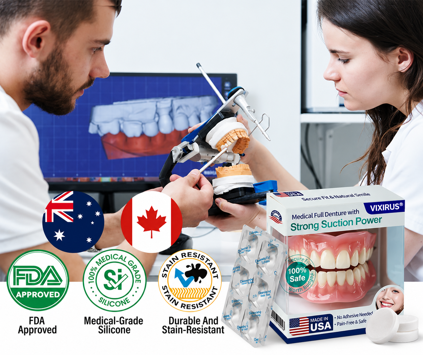 🦷VIXIRUS® Medical Full Denture with Strong Suction ✅ Made and Shipped from the（USA）