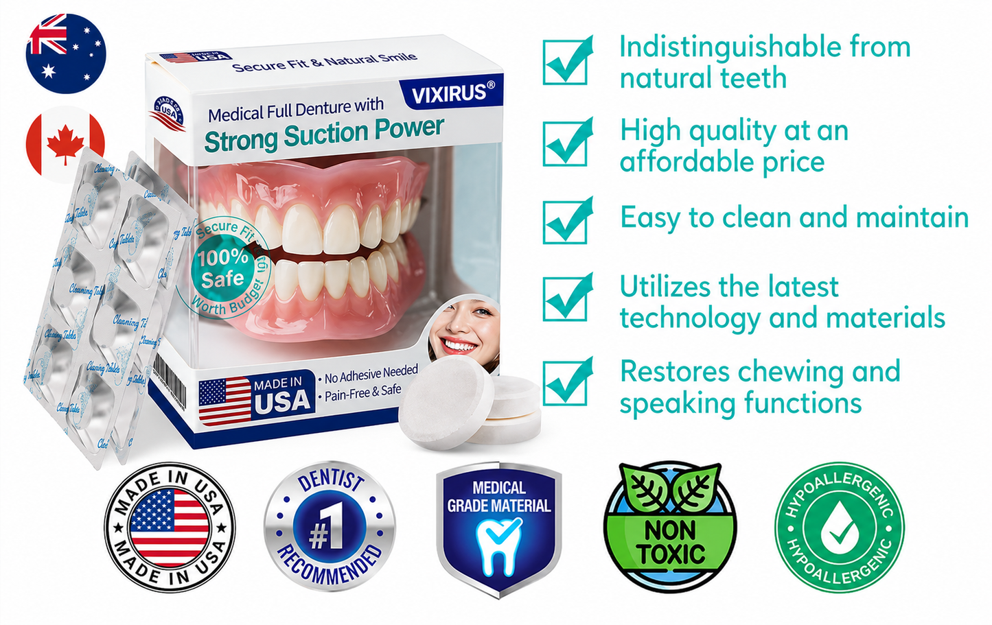🦷VIXIRUS® Medical Full Denture with Strong Suction ✅ Made and Shipped from the（USA）